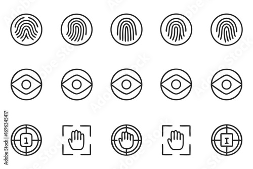Biometric security icons featuring fingerprints, eyes, and hand scans Keywords: biometric, security