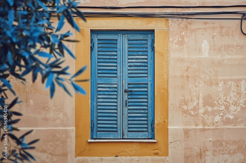 Blue wooden shutters and vintage blue door on a rustic street, framed by a tree's blue leaves and an overhead electric wire.