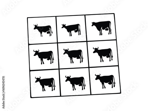 Minimalist graphic illustration of nine identical black cow silhouettes arranged in a repetitive grid pattern, symbolizing a modern farm herd