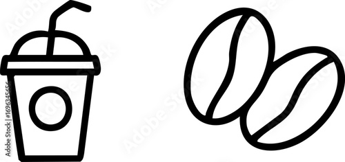 Coffee Cup and Beans Outline Icons.