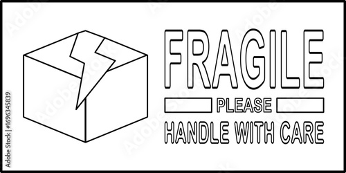 Fragile outline sticker with cracked box symbol and bold text indicates package safety label for transport and delivery.