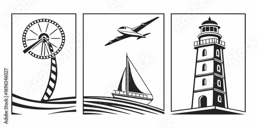 Iconic Travel and Transport Symbols Collage.