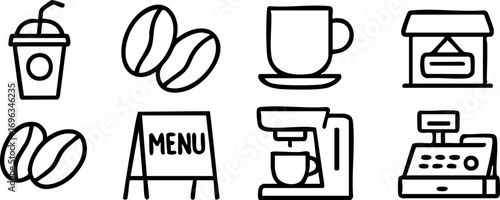 Coffee Shop and Cafe Business Line Icons Set.