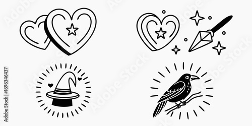 Mystical Symbols Collection Hearts Wand Hat Bird.