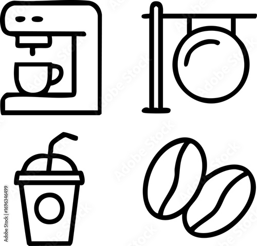 Coffee Shop Icons Set Machine Sign Cup Beans.