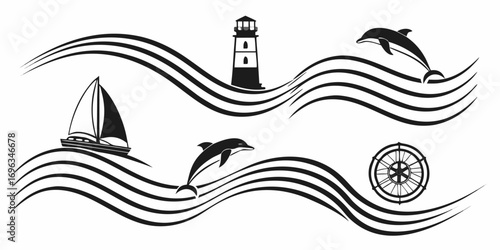 Nautical Elements Sailboat Dolphins Lighthouse and Ships Wheel.
