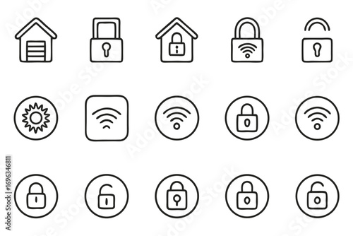 Collection of smart home and security icons with locks and Wi- Fi symbols Keywords: smart home, security