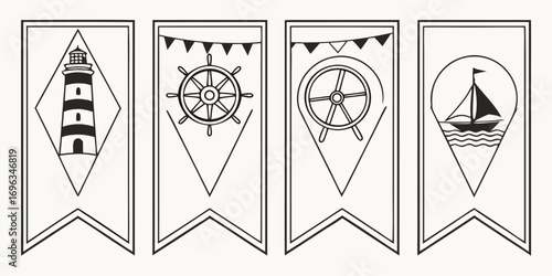 Nautical Themed Banner Designs with Lighthouse Ship Wheel and Sailboat.