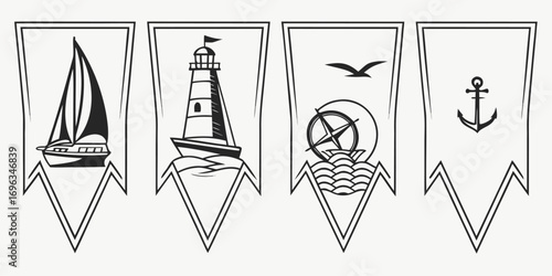 Nautical Themed Banner Icons Sailboat Lighthouse Compass Anchor.