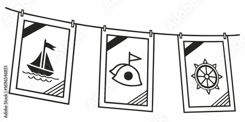 Nautical Themed Illustrations Hanging on a Line.