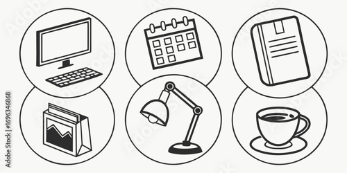 Office Supplies Icons Computer Calendar Document Lamp Coffee.