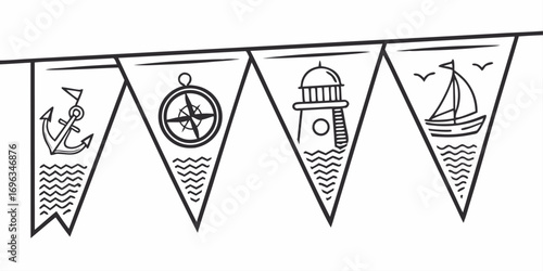 Nautical Themed Bunting Flags with Anchor Compass Lighthouse and Sailboat.