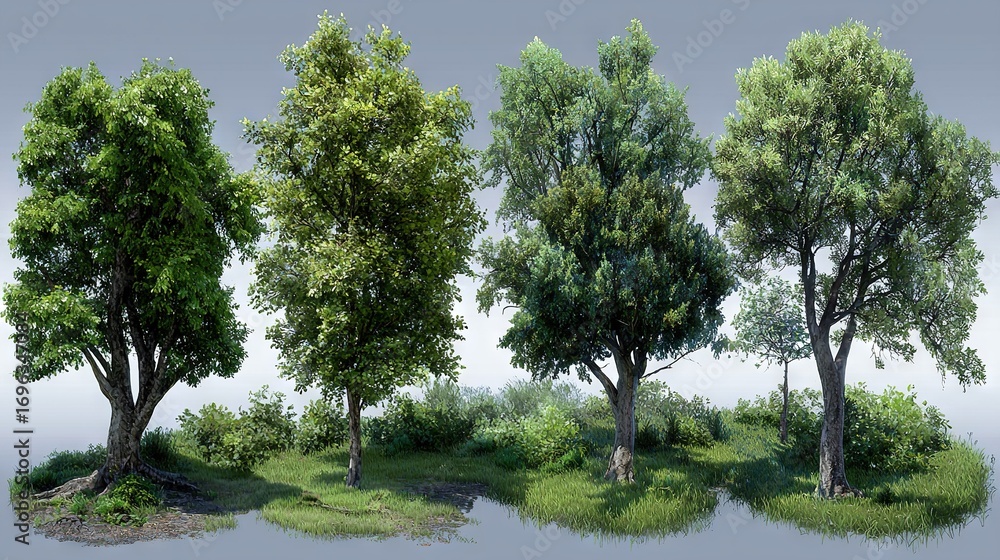 Fototapeta premium A cluster of trees growing together on a green lawn surrounded by a lake