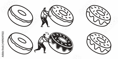 People Pushing Giant Donuts Illustration.