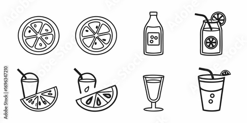 Refreshing Citrus Drinks and Slices Icon Set.