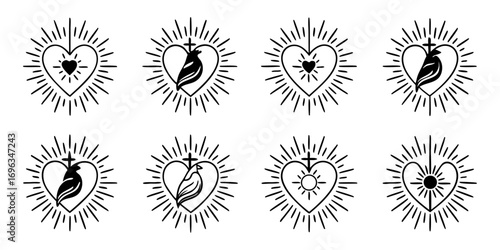 Sacred Heart Symbols Collection with Rays.