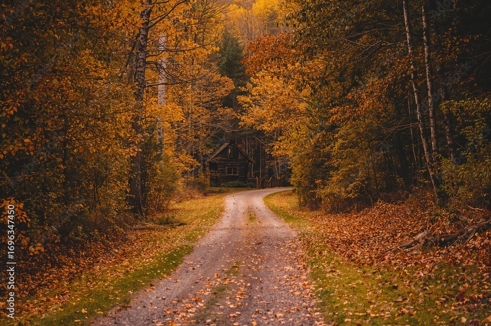 Obraz premium Trail through the woodland leading to a cabin during fall