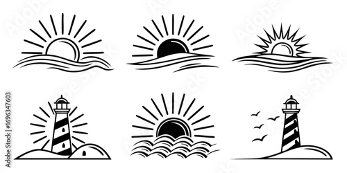 Set of Nautical and Sunrise Icons.