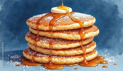 Delicious stack of pancakes drizzled with maple syrup and powdered sugar