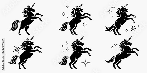 Set of Six Stylized Black Unicorn Silhouettes with Stars.