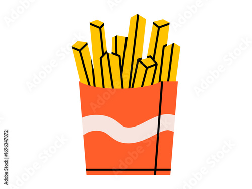 Hand drawn cute illustration of French fries. Flat vector crispy potato meal doodle. Fastfood lunch. Unhealthy eating sticker, icon. Junk fatty food. Takeaway lunch. Isolated.