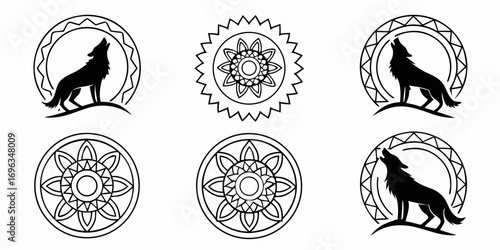 Silhouette Wolf Howling Tribal Circle Designs.
