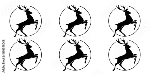 Six Black Silhouette Deer in Circles.
