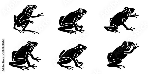 Six Black Silhouette Frogs in Various Poses.