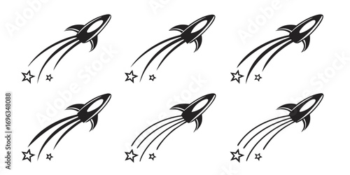 Six Black Rocket Ships with Stars Trail.