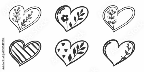 Six HandDrawn Hearts with Floral and Striped Designs.