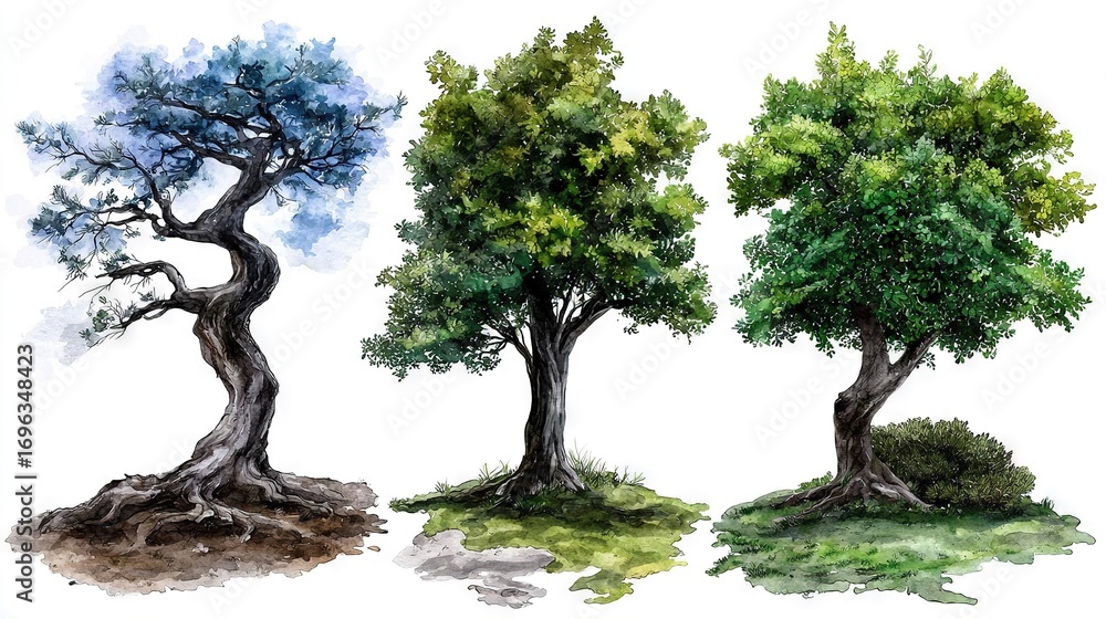 Fototapeta premium Three different trees at varying growth stages, on a white backdrop