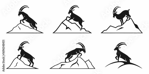 Six Silhouette Ibex Mountain Climbing Poses.