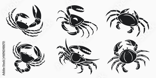 Six Stylized Black Crab Illustrations on White Background.