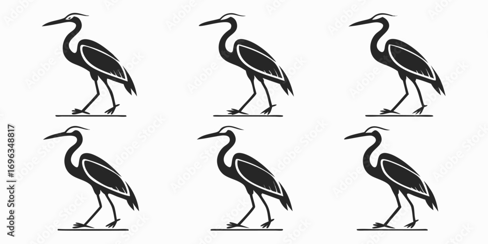Fototapeta premium Six Stylized Black Herons on White Background.