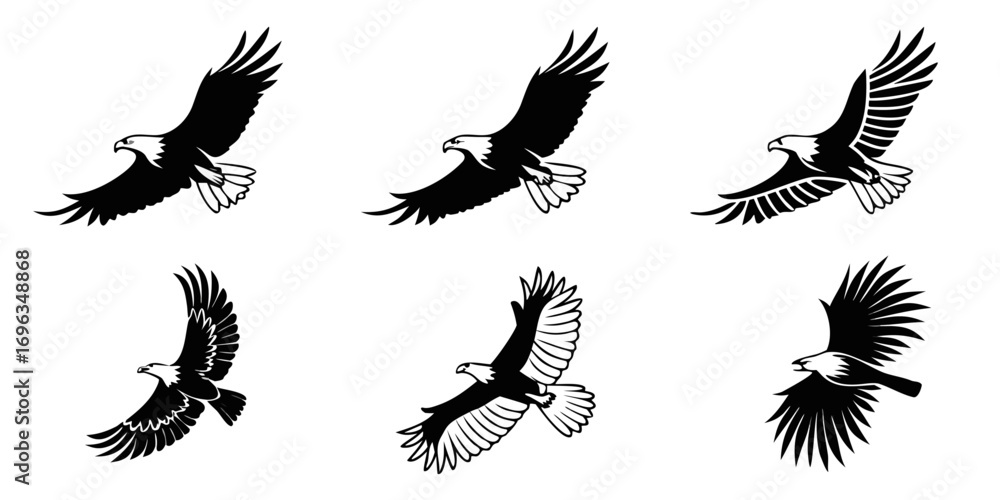 Fototapeta premium Six Stylized Eagle Silhouettes in Flight.
