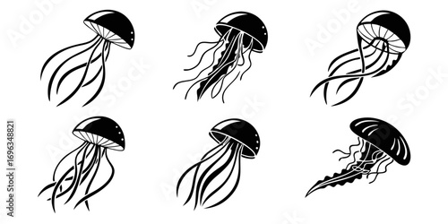 Six Stylized Black Jellyfish Silhouettes.