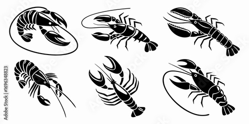 Six Stylized Black Lobster Illustrations.