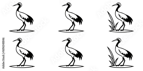 Six Stylized Crane Illustrations in Black and White.