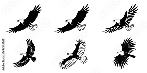 Six Stylized Eagle Silhouettes in Flight.