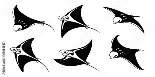 Six Stylized Black Manta Rays Swimming.
