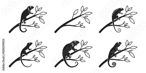 Six Stylized Iguanas Perched on Branches.