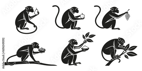 Six Stylized Monkeys Holding Fruits and Leaves.
