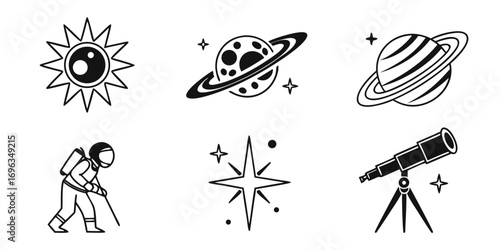 Space Exploration Icons Set Sun Planets Astronaut Telescope.