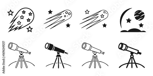 Space Exploration Icons Meteors and Telescopes.