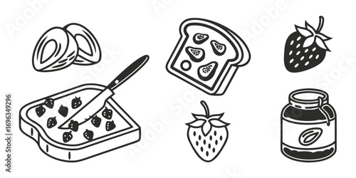 Strawberry Jam Toast and Ingredients Icon Set.