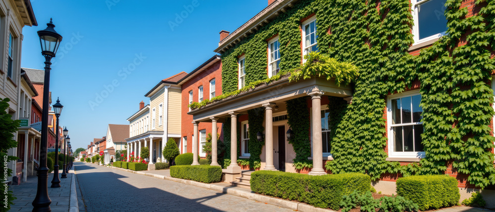 Obraz premium Charming street lined with colorful houses adorned with greenery, showcasing picturesque neighborhood under clear blue sky