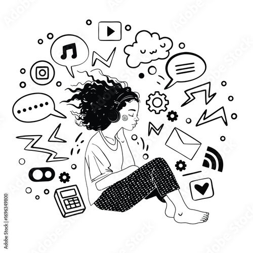 Overstimulated Girl Sitting with Headphones — Line Art Illustration of Digital Overload, Anxiety, and Mental Burnout from Modern Life and Social Media Distractions
