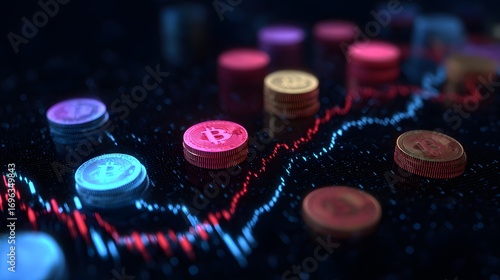 abstract neon financial chart with crypto tokens