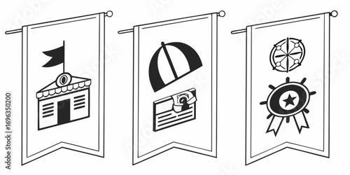 Three Stylized Banners with Icons.