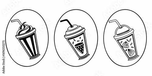 Three stylized drinks with straws in circles.